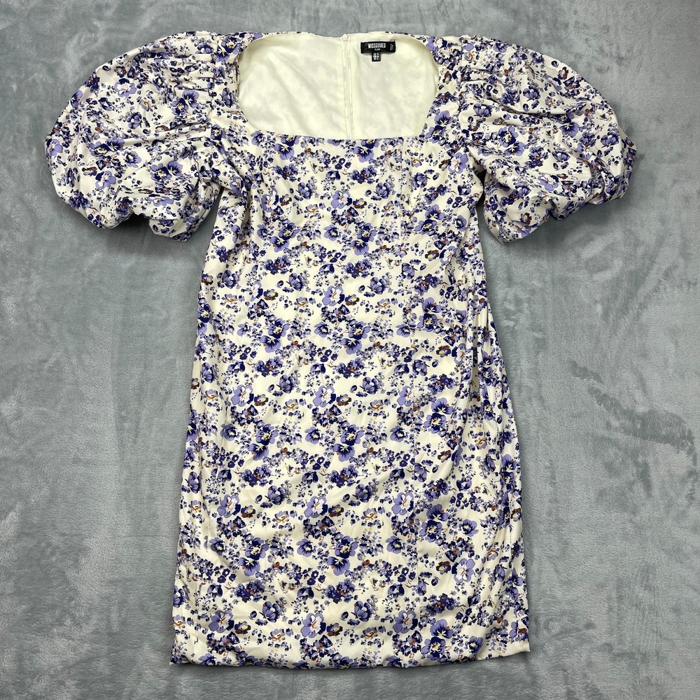 Missguided Shift Dress Women 12 Multi Floral Print Puff Sleeve Back Zip Pullover